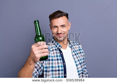 Close-up Portrait Of His He Nice Attractive Cheerful Bearded Guy Wearing Checked Shirt Holding In Ha