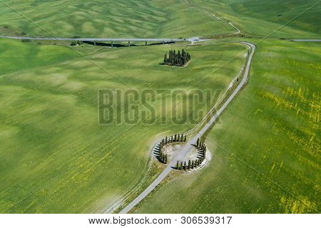 Aerial View Of The Tuscany Cypress Landscape In Springtime