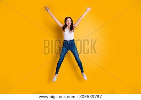 Full Length Body Size View Photo Of Cute Charming Lovely Youth Feel Rejoice She Wear Light-colored C