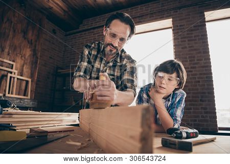 Close Up Photo Of Charming Nice Attractive People Person Adult Child Have Construction Repair Shop H