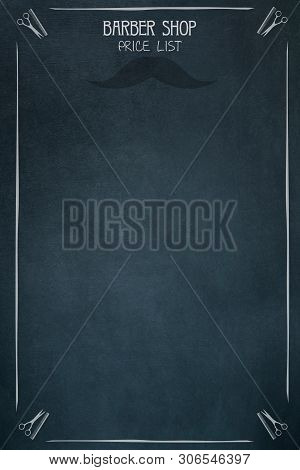 Mockup Price List Barber Shop. Mustache And Hairdresser Scissors And Comb Icons. Copy Space. Place F