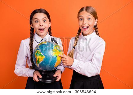 Portrait Of Two Person Nice Attractive Lovely Charming Cute Cheerful Cheery Amazed Funny Pre-teen Gi