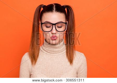 Close Up Photo Of Nice Attractive Teen Teenager High School Girl Wear Specs Turtleneck Close Eyes Se