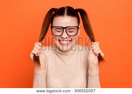 Close Up Photo Cute People Touch Haircut Close Eyes Eyeglasses Beautiful Impressed Incredible Playfu