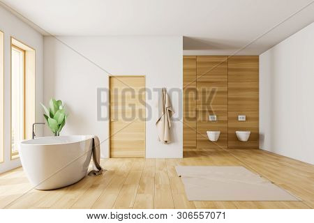 White And Wooden Bathroom With Tub And Toilets