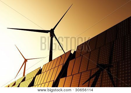 Solární panely a větrné turbíny energetické koncepce 3D render