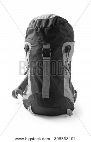 Stylish Capacious Backpack On White Background. Camping Equipment