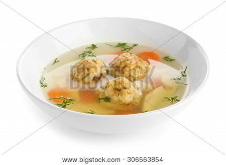 Bowl Of Jewish Matzoh Balls Soup Isolated On White
