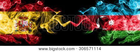 Spain Vs Azerbaijan, Azerbaijani Smoky Mystic Flags Placed Side By Side. Thick Colored Silky Smokes 
