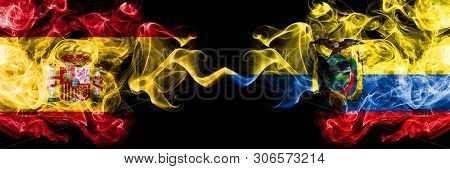 Spain Vs Ecuador, Ecuadorian Smoky Mystic Flags Placed Side By Side. Thick Colored Silky Smokes Flag
