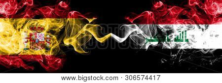 Spain Vs Iraq, Iraqi Smoky Mystic Flags Placed Side By Side. Thick Colored Silky Smokes Flag Of Span