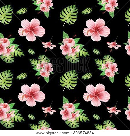 Hand Drawn Watercolor Floral Tropical Seamless Pattern With Green Monstera Leaves And Pink Hibiscus 