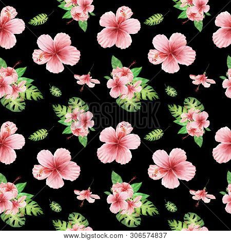 Hand Drawn Watercolor Floral Tropical Seamless Pattern With Green Monstera Leaves And Pink Hibiscus 