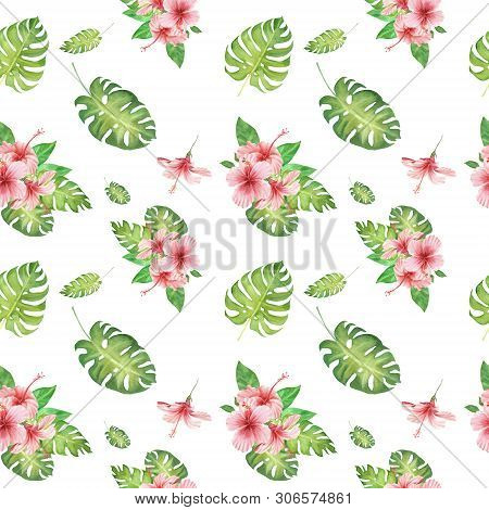 Hand Drawn Watercolor Floral Tropical Seamless Pattern With Green Monstera Leaves And Pink Hibiscus 