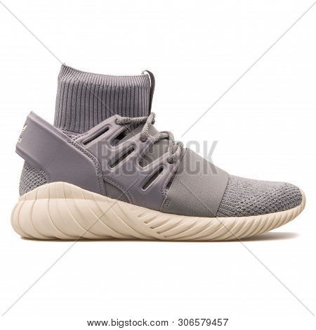Vienna, Austria - August 10, 2017: Adidas Tubular Doom Pk Grey Sneaker On White Background.