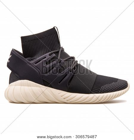 Vienna, Austria - August 10, 2017: Adidas Tubular Doom Pk Black Sneaker On White Background.