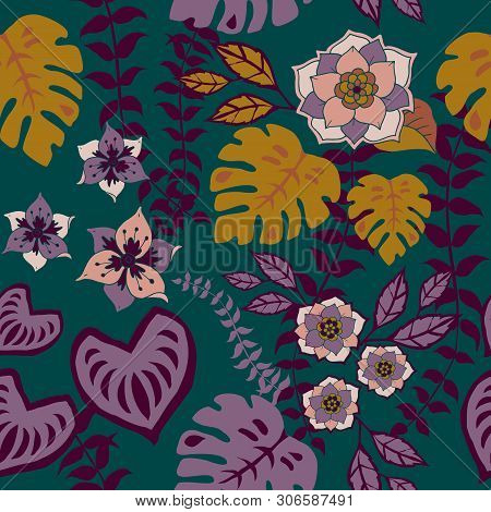 Tropical Floral Seamless Pattern, 
Tropical Flowers Surface Pattern Background Tropical Leaves Repea