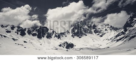 Panoramic View On Plateau In High Snowy Mountains And Cloudy Sky At Sunny Spring Day. Turkey, Kachka