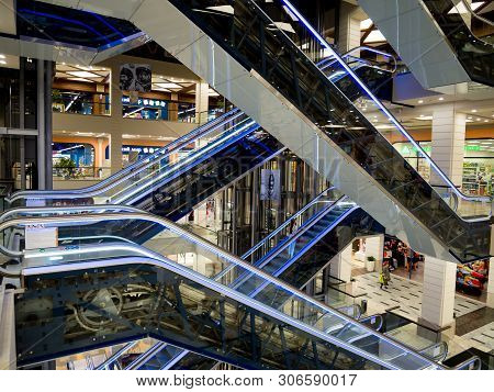 Voronezh, Russia - October 20, 2018: Intersecting Escalators, Shopping Center 