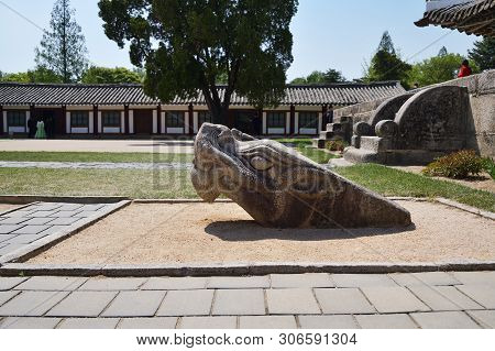 Kaesong, North Korea - May 4, 2019: Ancient Stone Dragon Sculpture In Confucian Educational Facility