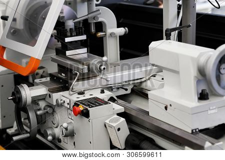 Industrial Metal Lathe Machine Close Up. Selective Focus.