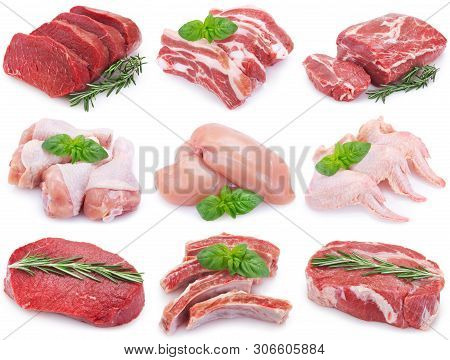 Collection Of Raw Meat Isolated On White Background
