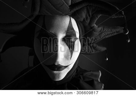Sad Crying Jester, Black And White Photo, Close-up.
