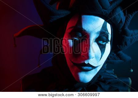 Sad Jester's Or Clown's Face, Close-up. Halloween Concept