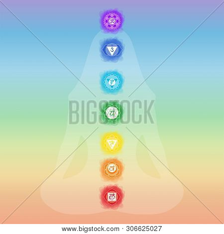 Chakras: Muladhara, Swadhisthana, Manipura, Anahata, Vishuddha, Ajna, Sahasrara. Vector Line Symbol.