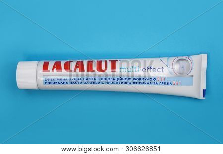 Kyiv, Ukraine - May 27, 2019: With more than 80 years, Lacalut is one of the oldest German dental care brands. Lacalut Aktiv medical toothpaste. 