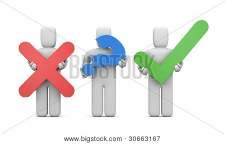 pessoas 3D com símbolos. Aceitar ou anular. Imagem conter o traçado de recorte
