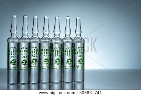 Chonburi, Thailand-october 27, 2018 : Glucose 50% For Injection In 20 Ml Ampules. Three Glass Ampule