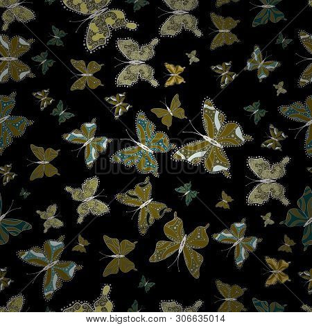 Abstract Seamless Background. Vector Butterflies Pattern. Pictures In Black, Green And Brown Colors 