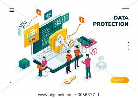 Isometric Banner With Notebook And Policeman, Shield In Front Of Man Entering Password On Smartphone