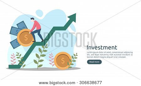 Business Investment Concept. Dollar Pile Coin, Tiny People, Money Object. Graphic Chart Increase. Fi