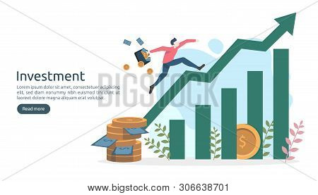 Business Investment Concept. Dollar Pile Coin, Tiny People, Money Object. Graphic Chart Increase. Fi