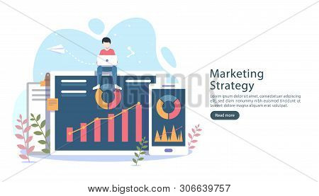Digital Marketing Strategy Concept With Tiny People Character, Table, Graphic Object On Computer Scr