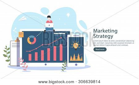 Digital Marketing Strategy Concept With Tiny People Character, Table, Graphic Object On Computer Scr