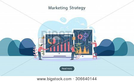 Digital Marketing Strategy Concept With Tiny People Character, Table, Graphic Object On Computer Scr