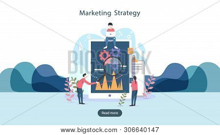 Digital Marketing Strategy Concept With Tiny People Character, Table, Graphic Object On Computer Scr