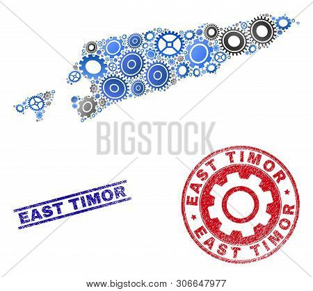 Repair Service Vector East Timor Map Mosaic And Seals. Abstract East Timor Map Is Composed From Grad