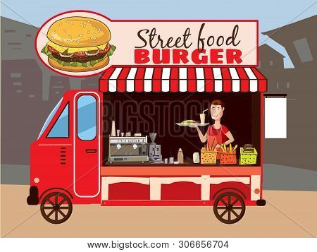 Colorful Vector Fast Food Truck. Street Cuisine. Burgers, Sanwiches, French Fries. Food Truck. Moder