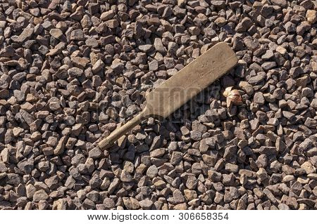 A Close Up View Of A Small Wooden Cricket Bat What Has Been Left Outside On A Stone Path