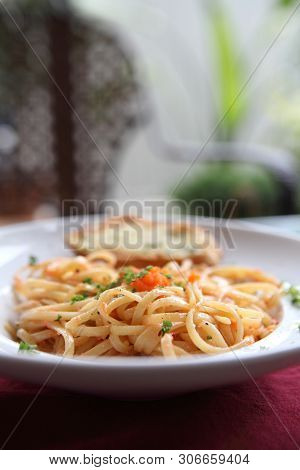 Japanese Pasta Mentaiko Spaghetti In Close Up