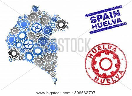 Gear Vector Huelva Province Map Collage And Stamps. Abstract Huelva Province Map Is Done Of Gradient