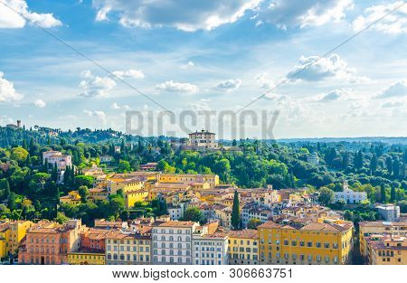 Top Aerial Panoramic View Of Forte Di Belvedere And Green Hills Of Arcetri Village, Row Of Buildings