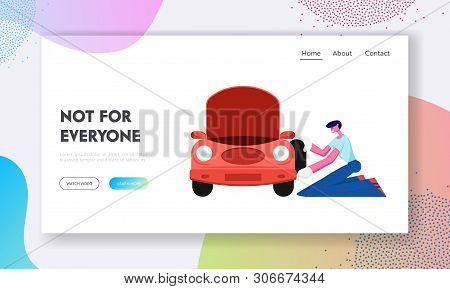 Checking And Maintenance Auto Website Landing Page, Mechanic Or Driver Near Broken Car With Open Hoo