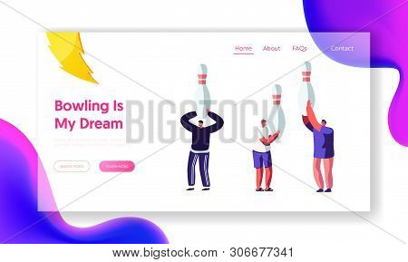 Happy Male Characters Hold Huge Pins In Hands, Friends Meeting For Playing Bowling, Leisure, Active 