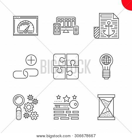 Seo Line Icons Set. Seo Related Vector Line Icons. Anchor Text, Campaign Timing, Keywords Ranking, A