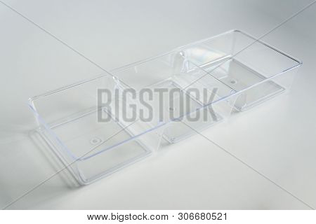 Acrylic Clear Plastic Organizer With 3 Compartments On A White Background.